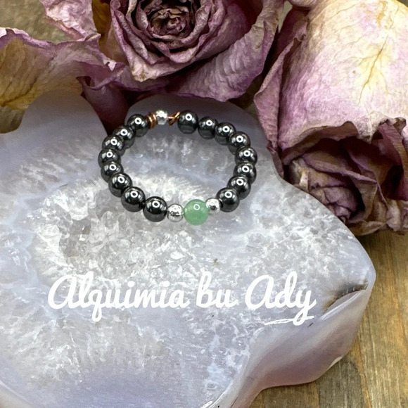 Silver hematite beaded gem ring and untreated emerald - Picture 1 of 4